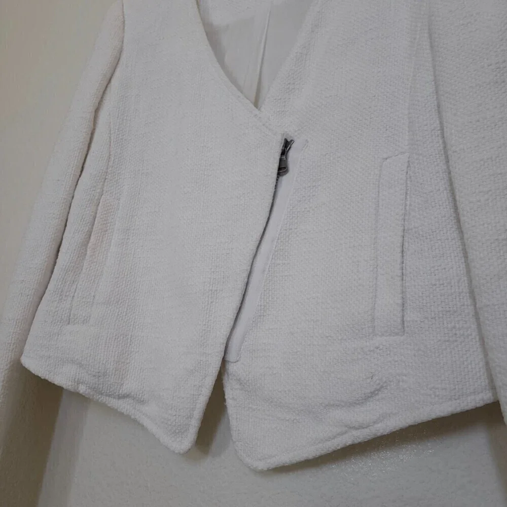 TIBI NY 100% Cotton Cropped Asymmetrical Knit Moto Jacket White 6 Quirt Luxury